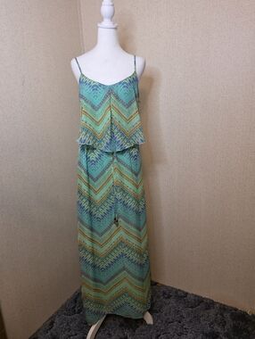 City Studio Blue and Green Chevron Boho Halter Top Maxi Dress